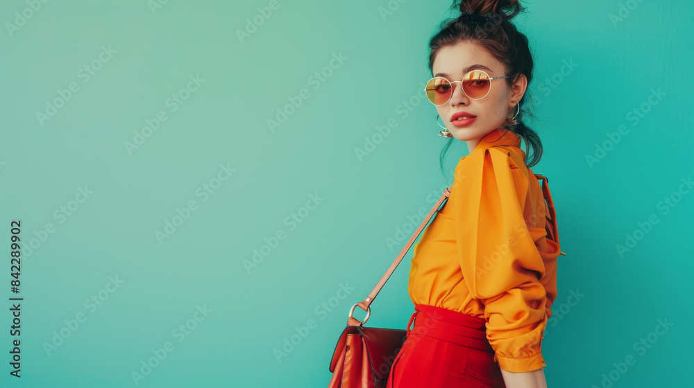 A woman in a yellow shirt and red skirt is standing in front of a blue wall A woman in a yellow shirt and red skirt is standing in front of a blue wall