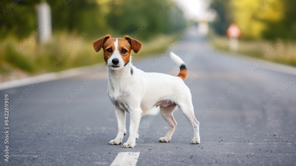 dog Jack Russell Terrier stands in the summer on the road portrait : Generative AI dog Jack Russell Terrier stands in the summer on the road portrait : Generative AI