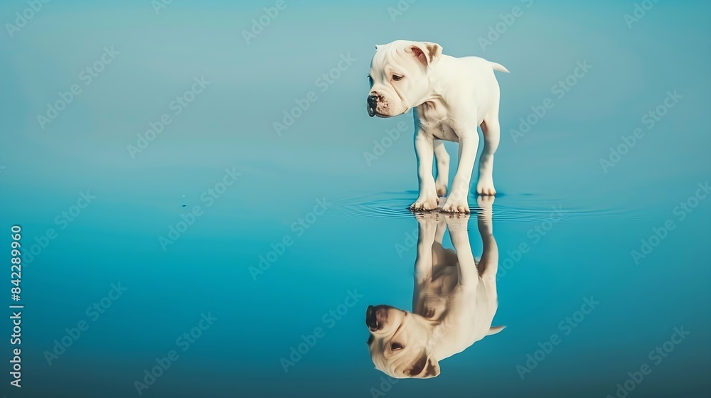 portrait of a standing dog white pit bull Terrier puppy walks in the blue water raised the paw with the reflection in the water : Generative AI portrait of a standing dog white pit bull Terrier puppy walks in the blue water raised the paw with the reflection in the water : Generative AI