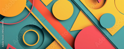 Triangular and circular shapes in bright, contrasting colors arranged in an eye-catching, retro geometric design.