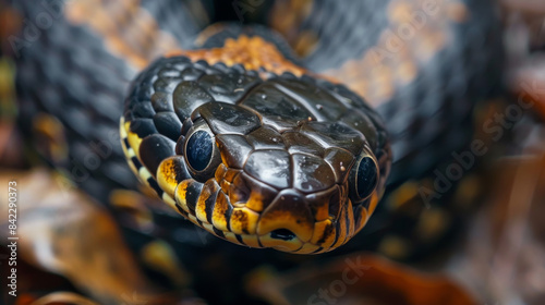 A snake with a black and yellow head is shown in the image photo