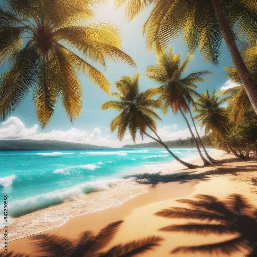 Along the beach, tall palm trees sway gently in the breeze. Their shadows are reflected on the calm sea surface, creating a tranquil tropical scene. Along the beach, tall palm trees sway gently in the breeze. Their shadows are reflected on the calm sea surface, creating a tranquil tropical scene.