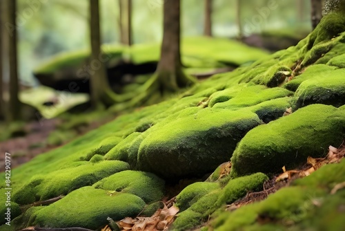 Beautiful Bright Green moss grown up cover the rough stones and on the floor in the forest. Generative AI