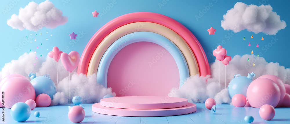 Cloudy Rainbow Background with sphere ball circle and podium stage product cute pastel. pastel rainbow Background podium product baby cute product 3d cloud kid childen Cloudy Rainbow Background with sphere ball circle and podium stage product cute pastel. pastel rainbow Background podium product baby cute product 3d cloud kid childen