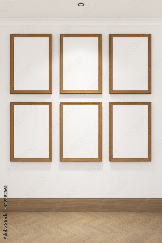 custom made wallpaper toronto digital3d render of frames mock up hanging on the white wall. Wood parquet floor and white ceiling. Set 13