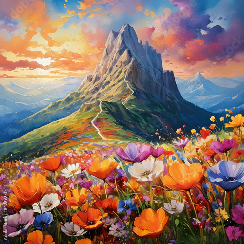 Wildflower Harmony, A Surreal Mountain Peak