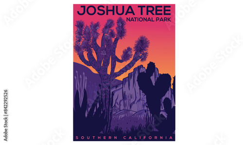 Desert with cactus wild vector artwork design. Southern California national park. Joshua tree graphic print design for t shirt, poster, sticker and others. 