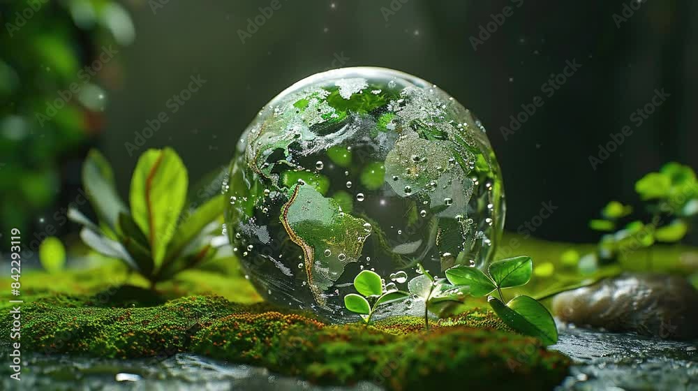 Glass globe on the moss, environmental concept, forest, dark background, world environmental day Glass globe on the moss, environmental concept, forest, dark background, world environmental day
