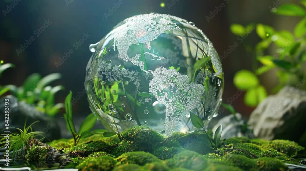Glass globe on the moss, environmental concept, forest, dark background, world environmental day Glass globe on the moss, environmental concept, forest, dark background, world environmental day