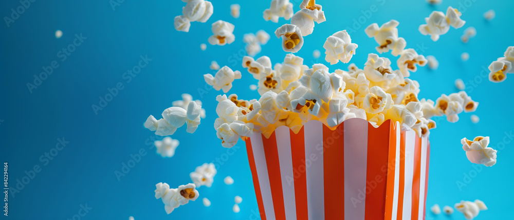 Overflowing striped bucket of popcorn against a vibrant blue background, with kernels suspended in mid-air. Fun and dynamic snack image. Overflowing striped bucket of popcorn against a vibrant blue background, with kernels suspended in mid-air. Fun and dynamic snack image.