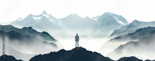 Silhouette of a person standing on a mountain peak with misty mountains and clouds in the background, symbolizing adventure and exploration. photo