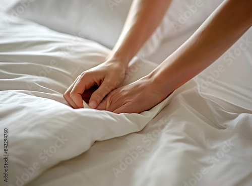 Close up of a woman's hand making a bed in a hotel room in the style of cleaning and yard work concept