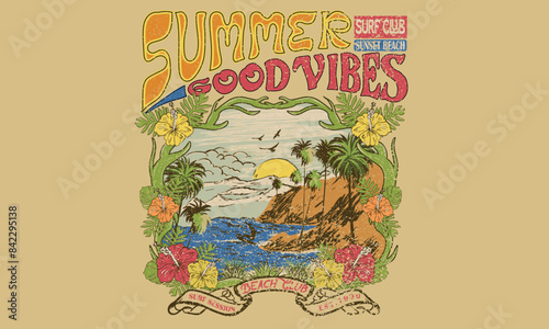 Surfing club vector design. Endless summer graphic print design. Tropical island artwork. Summer slogan vector design. Beach club artwork. Mountain island hank sketch.