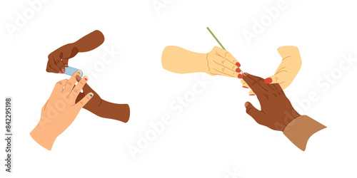 Specialist with nail tools making manicure for men. Manicurist filing nails with a file. Vector set in flat style. Male manicure, trendy nails. Wellness and therapy at manicurist.