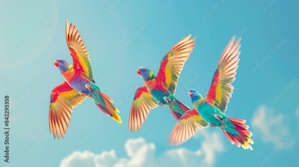 Fototapeta premium Vibrant rainbow lorikeets flying in blue sky