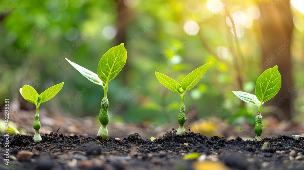 small trees growing The green leaves of the two cotyledons emerge from the ground. In the big forest where the trees are lush It shows the abundance of the forest