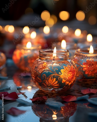 Burning candles in the shape of a flower and petals on a dark background