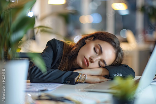 Obraz w ramie Exhausted young businesswoman asleep while working in the office