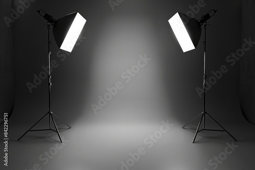 Gray Background Photo Studio Illuminated by Lamps. Dark Studio Background with Gray Illumination