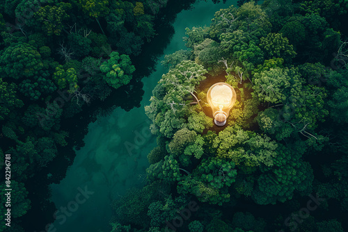 Bulb-shaped lake in lush forest, symbolizing fresh ideas and creativity photo