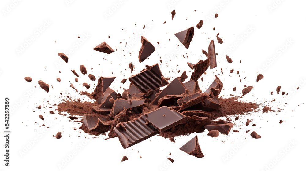 Fototapeta premium Chopped dark chocolate splash isolated on transparent white background, clipping path