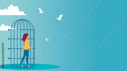 A young woman steps out of the cage