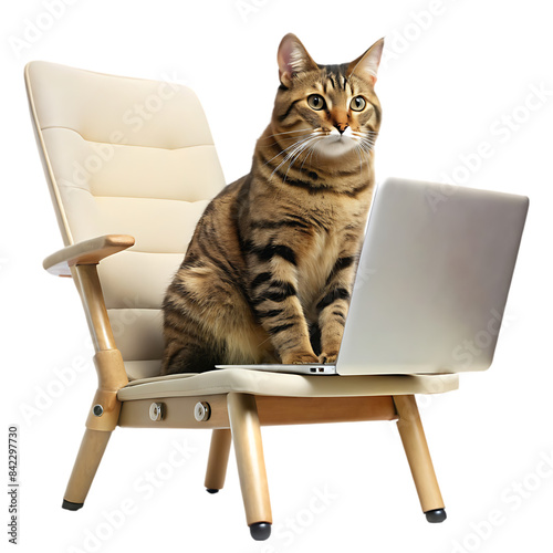 computer savvy cat sitting on a chair captivating transparent background
