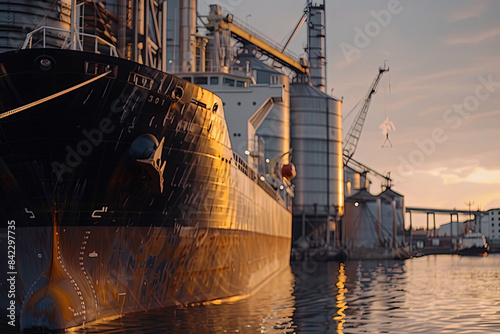Cargo ships docked near silos, ready to receive grains for export