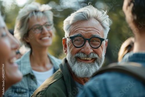 Portrait of smiling senior man in eyeglasses looking at camera with group of friends on background
