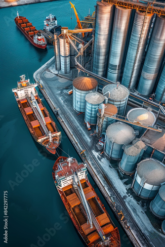 Cargo ships docked near silos, ready to receive grains for export