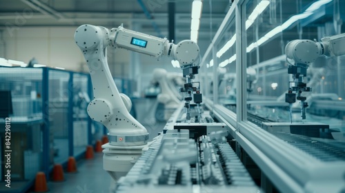 Robotic arms working on an automated assembly line in a modern industrial manufacturing facility. © kittikunfoto