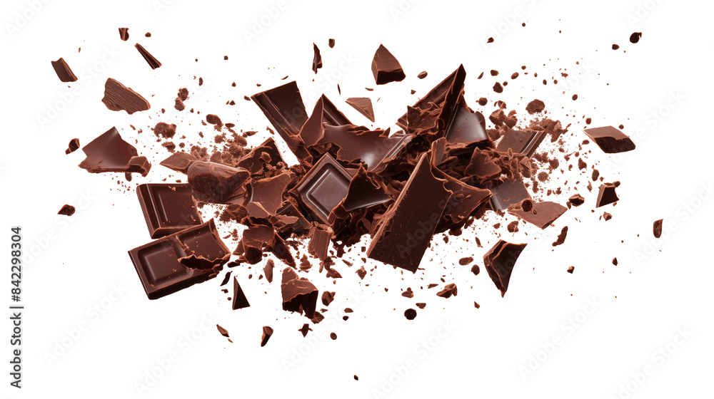 Fototapeta premium Chopped dark chocolate splash isolated on transparent white background, clipping path