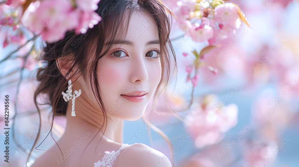 Korean woman smiling in fashionable dress in cherry blossom celebrate Korean woman smiling in fashionable dress in cherry blossom celebrate