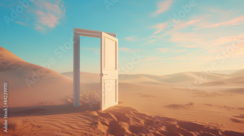 Opened door on desert. Unknown and start up concept. hope and new beginnings in this 3D illustration.