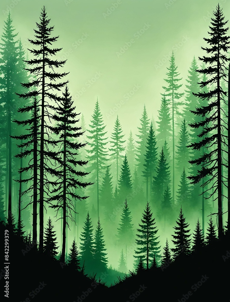 Obraz premium Subalpine Forest in Fog with Soft Diffused Light and Mysterious Atmosphere in Minimalist High Contrast Silhouette Style