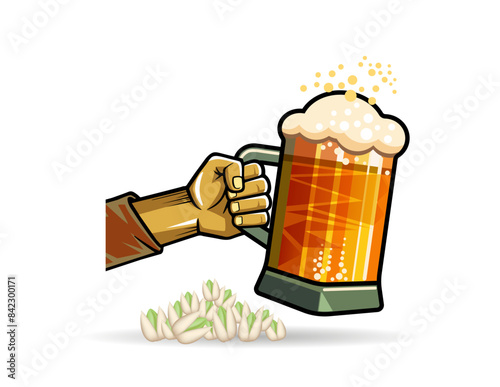 A glass mug with beer and pistachios. A vector image.