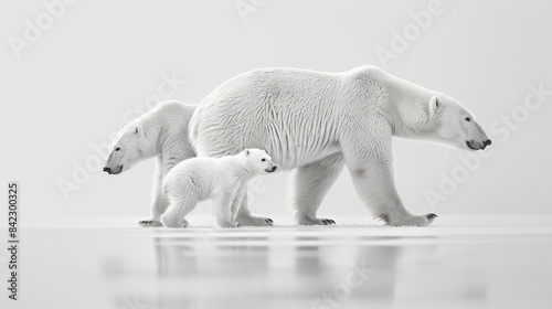 A polar bear and her two cubs walking on the ice AIG51A. photo