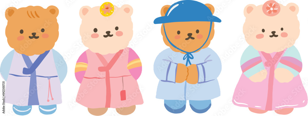 Cute Teddy Bear in Korean Traditional Clothes Doodle Illustration Vector Set Cute Teddy Bear in Korean Traditional Clothes Doodle Illustration Vector Set