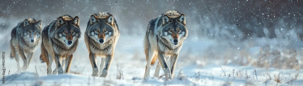 Fototapeta premium Wolf pack moving through a snowy landscape, captured with a sense of adventure and mystery in cool hues