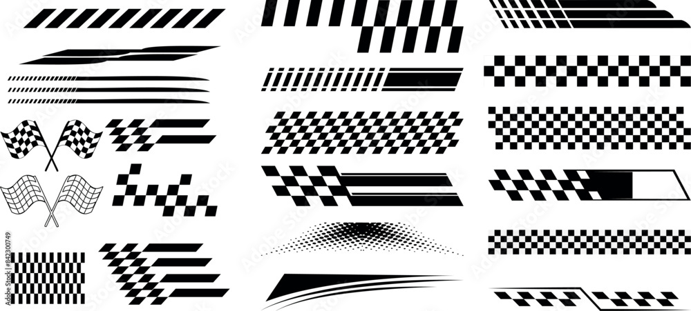 racing stripe vector set, race car vector, checkered flag designs, racing stripe speed, decal patterns, dynamic lines, competition, automotive graphics, black and white finish line motorsport