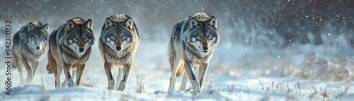 Wolf pack moving through a snowy landscape  captured with a sense of adventure and mystery in cool hues