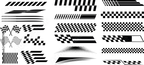 racing stripe vector set, race car vector, checkered flag designs, racing stripe speed, decal patterns, dynamic lines, competition, automotive graphics, black and white finish line motorsport