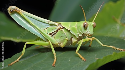 The insect, a member of the order Orthoptera, was perched on a leaf.