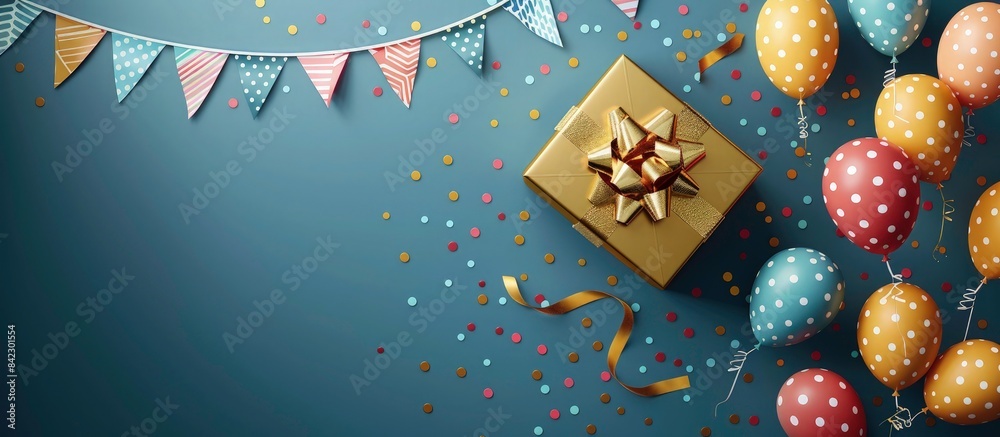 Fototapeta premium Happy Birthday design for greeting card. Gift box with gold ribbon, birthday decoration flags pattern balloons on dark blue background. Birthday holiday background with copy space