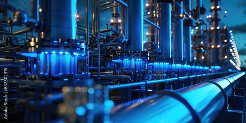 Industrial pipeline facility with blue lights