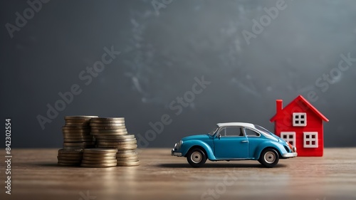 A gray background table featuring a miniature toy automobile with a house loan notion, financing growth, and property. photo