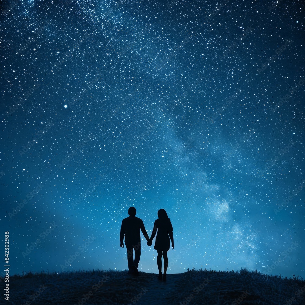 Fototapeta premium couple holding hands under the stars in the night sky