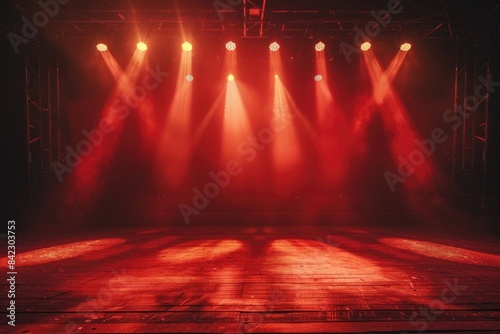 Stage with red lights and wooden floor