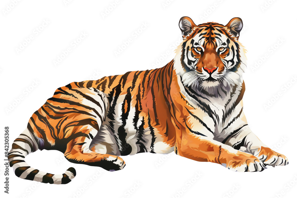Obraz premium Majestic tiger resting, showcasing beautiful stripes and powerful physique. Ideal for wildlife, nature, and animal-themed projects.