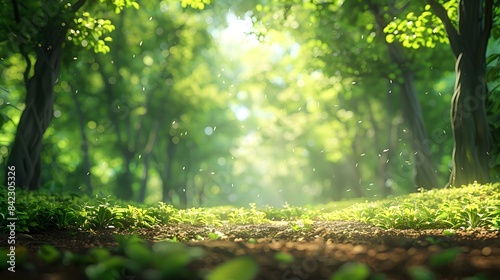 A blurred background of an enchanting forest, bathed in the soft glow of sunlight filtering through tall trees, creating a magical atmosphere.